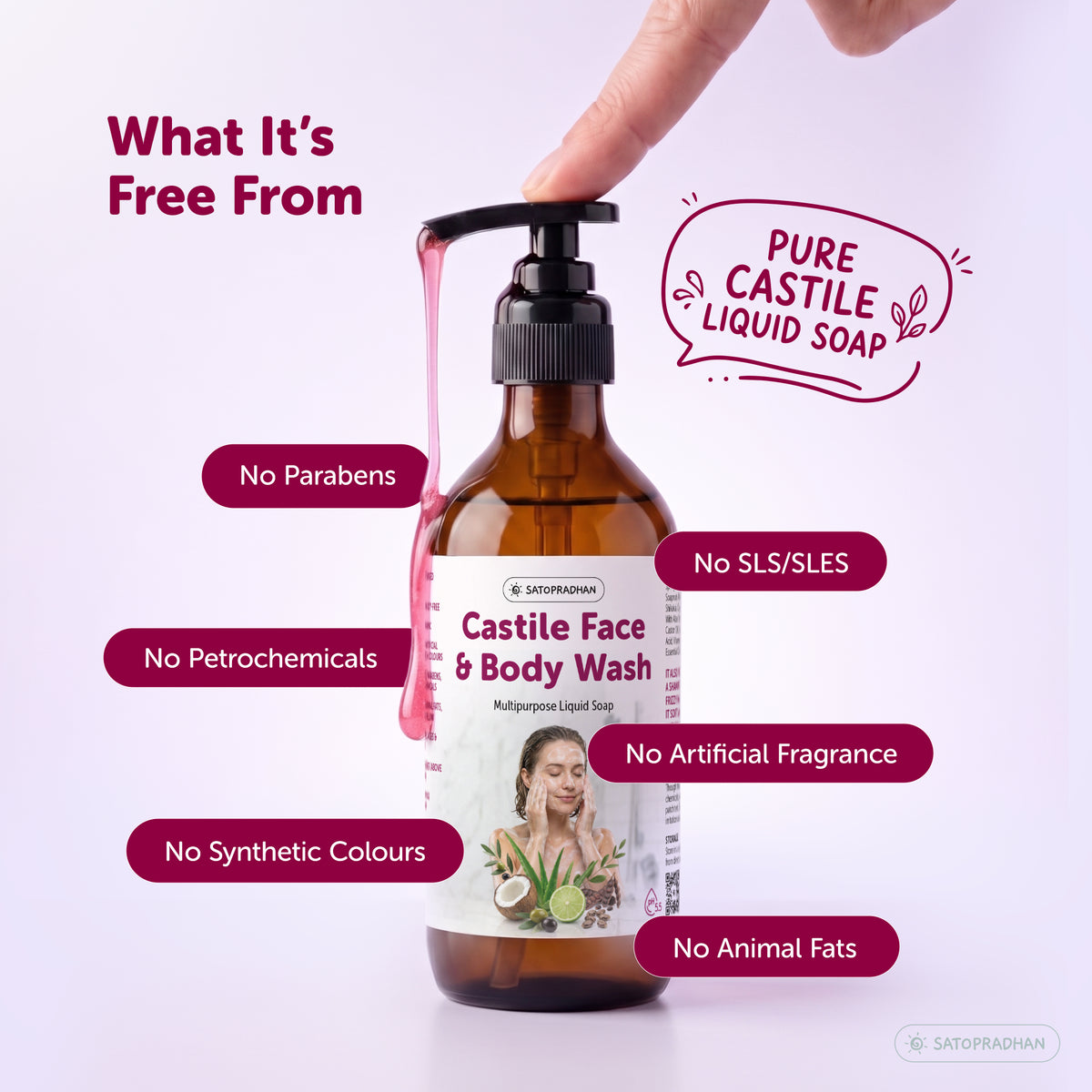 Satopradhan Castile Liquid Soap made without synthetic colours, artificial fragrance, parabens or SLS and SLES.