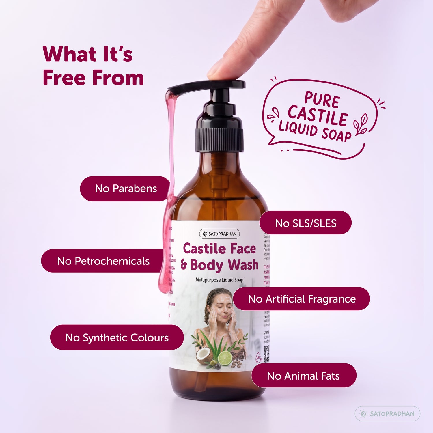Satopradhan Castile Liquid Soap made without synthetic colours, artificial fragrance, parabens or SLS and SLES.