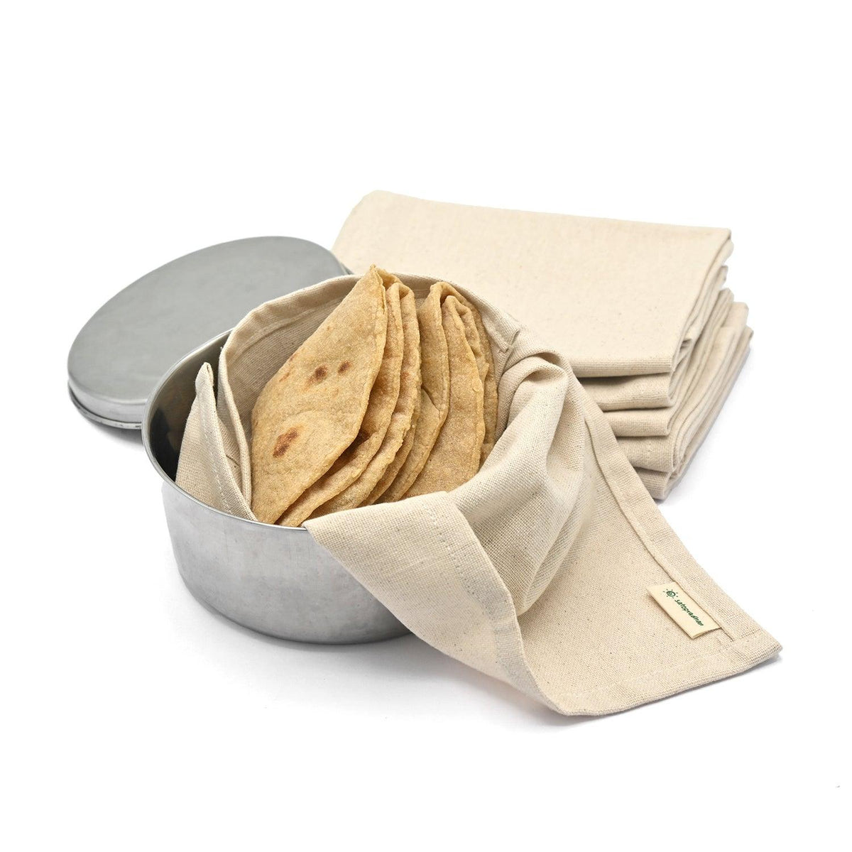 A set of 6 chapati covers used for wrapping roti and other food products, made from organic cotton fabric