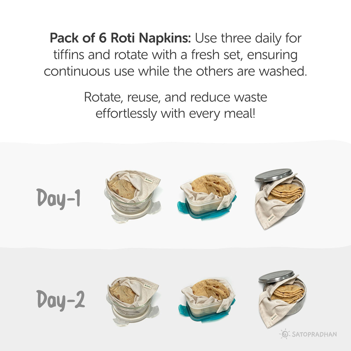 Chapati/Roti Wrap Cloth - Set of 6 Organic Cotton Roti Cover Rumals for Tiffin 12”x14” - Reusable Food Wrap - GOTS Certified Organic Cotton - Chapati Wrapping Cloth - Chapati Warmer Cloth - Cloth for Keeping Rotis - Satopradhan