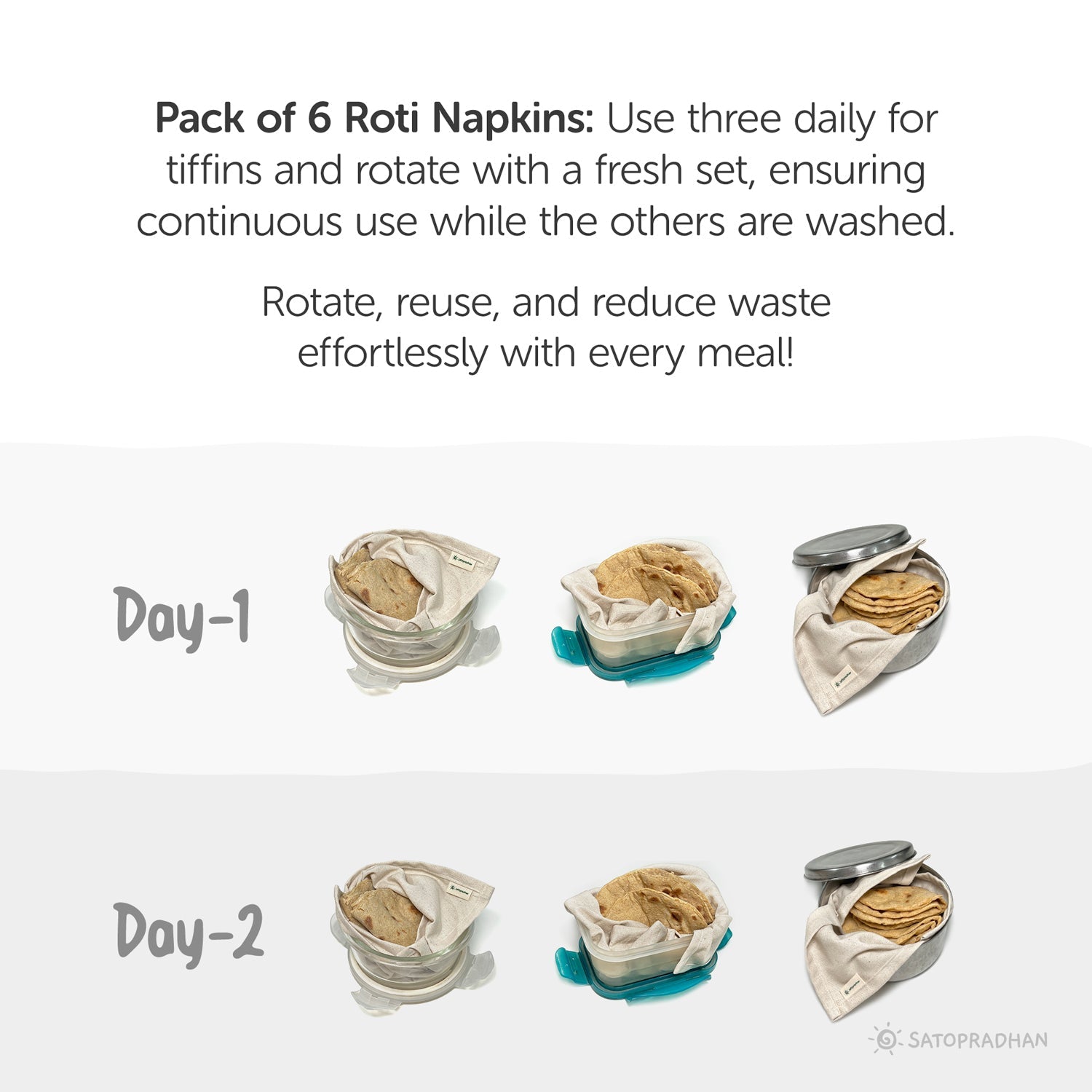 Chapati/Roti Wrap Cloth - Set of 6 Organic Cotton Roti Cover Rumals for Tiffin 12”x14” - Reusable Food Wrap - GOTS Certified Organic Cotton - Chapati Wrapping Cloth - Chapati Warmer Cloth - Cloth for Keeping Rotis - Satopradhan
