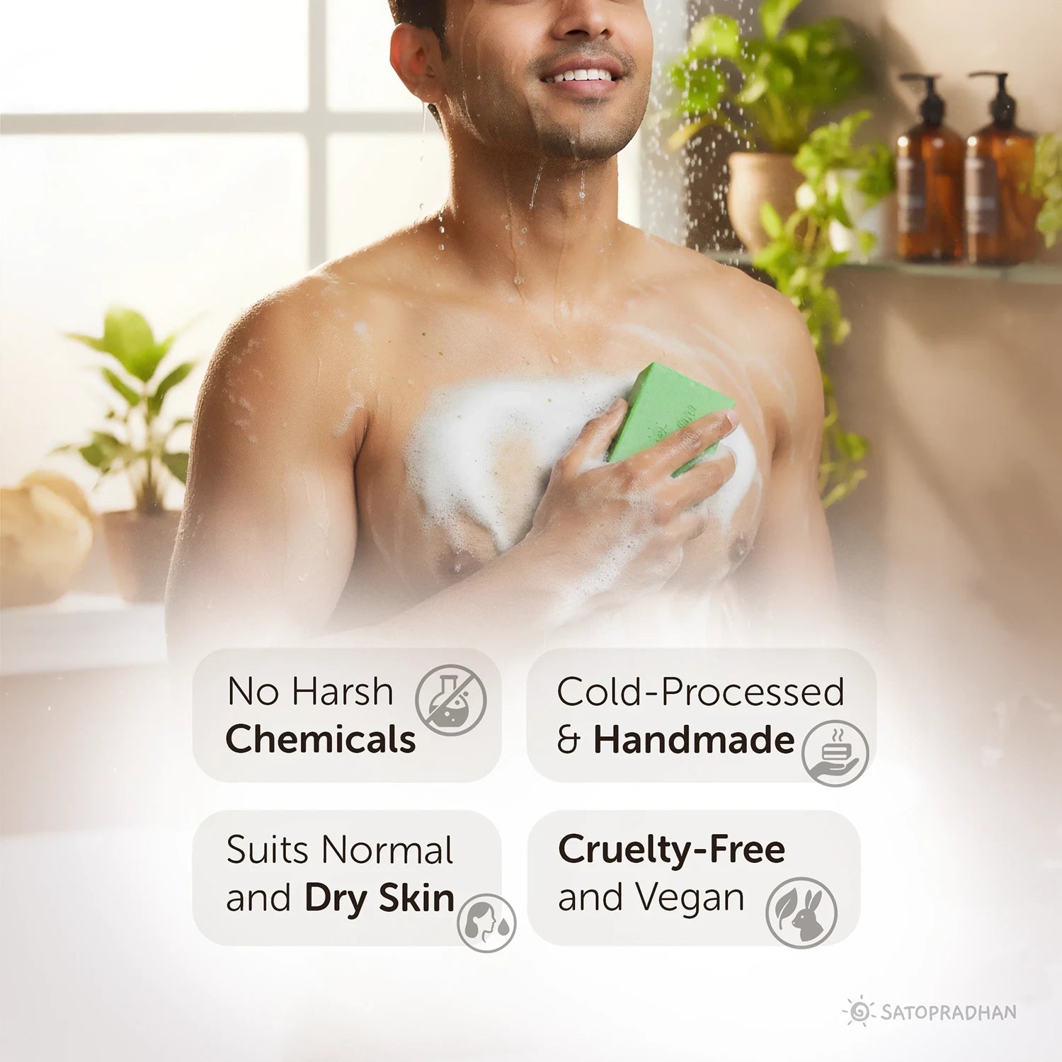 Clarifying Neem-Tulsi Soap 120g - Natural, Organic & Vegan - No Added Color/Synthetic Fragrances - Handmade Detan Detoxifying Pure Soap For Cleansing - Satopradhan