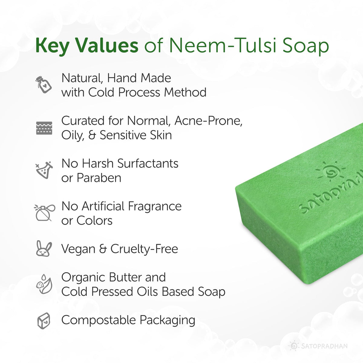 Clarifying Neem-Tulsi Soap 120g - Natural, Organic & Vegan - No Added Color/Synthetic Fragrances - Handmade Detan Detoxifying Pure Soap For Cleansing - Satopradhan