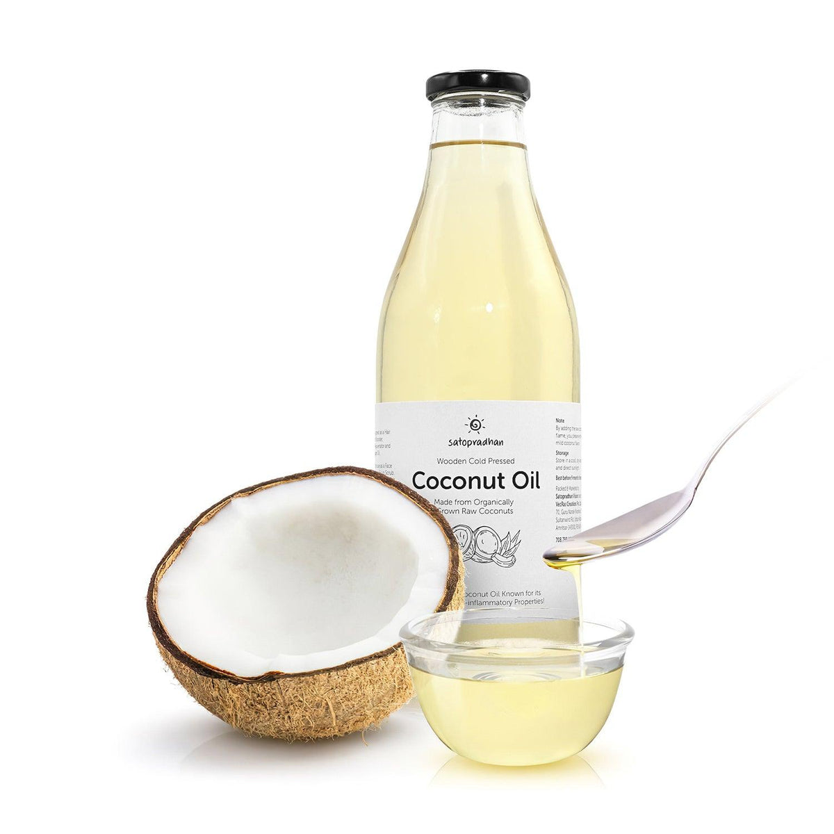 Coconut Oil - 100% Organic, Virgin & Wooden Cold-pressed 1000ml Multipurpose Oil Without Chemicals in a Reusable Glass Bottle (Kachi Ghani) - Satopradhan