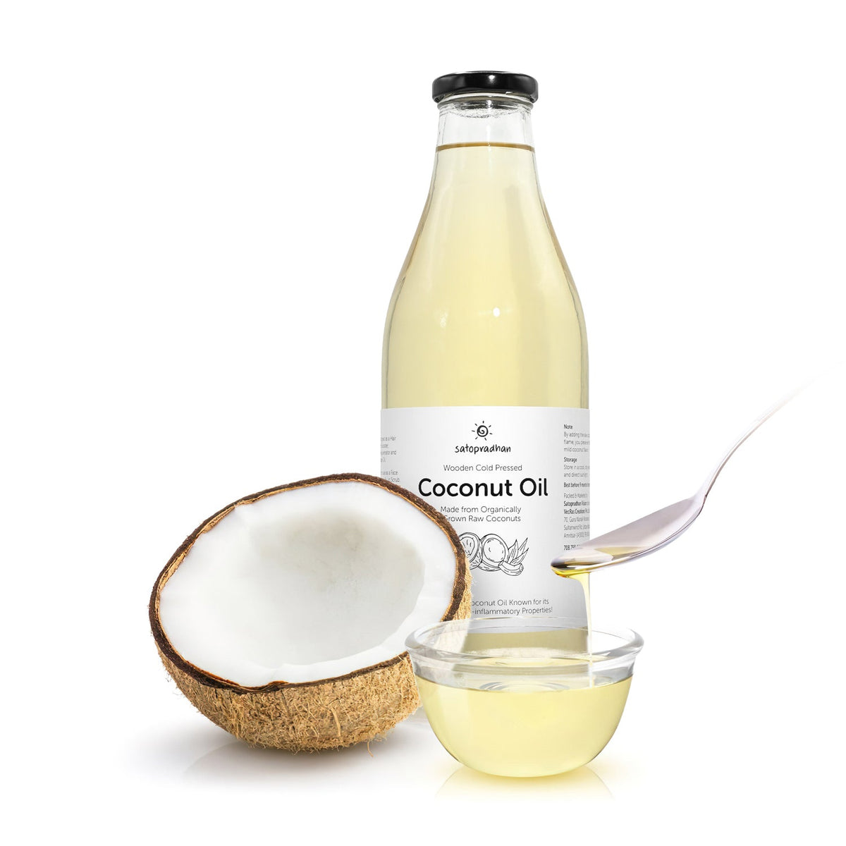 Coconut Oil - Wooden Cold-pressed- Choose from 1000ml or 500ml Multipurpose Oil Without Chemicals in a Reusable Glass Bottle (Kachi Ghani) - Satopradhan