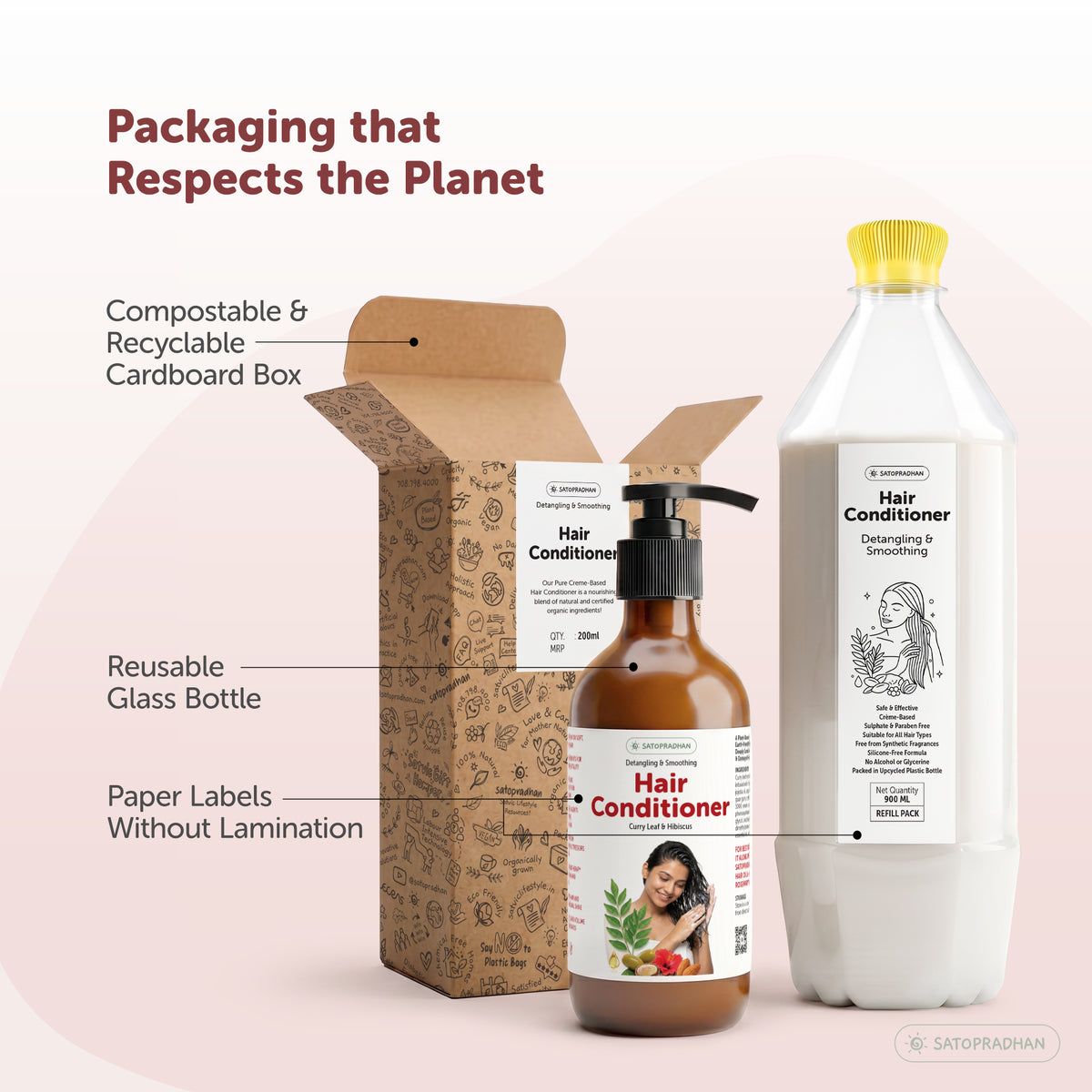 Moisturizing Hair Conditioner 200ml Glass Bottle / 900ml Refill in Upcycled Plastic Bottle  - Post Wash Hair Conditioner - Nourishes & Detangles Hair - Best for Dry & Damaged Hair