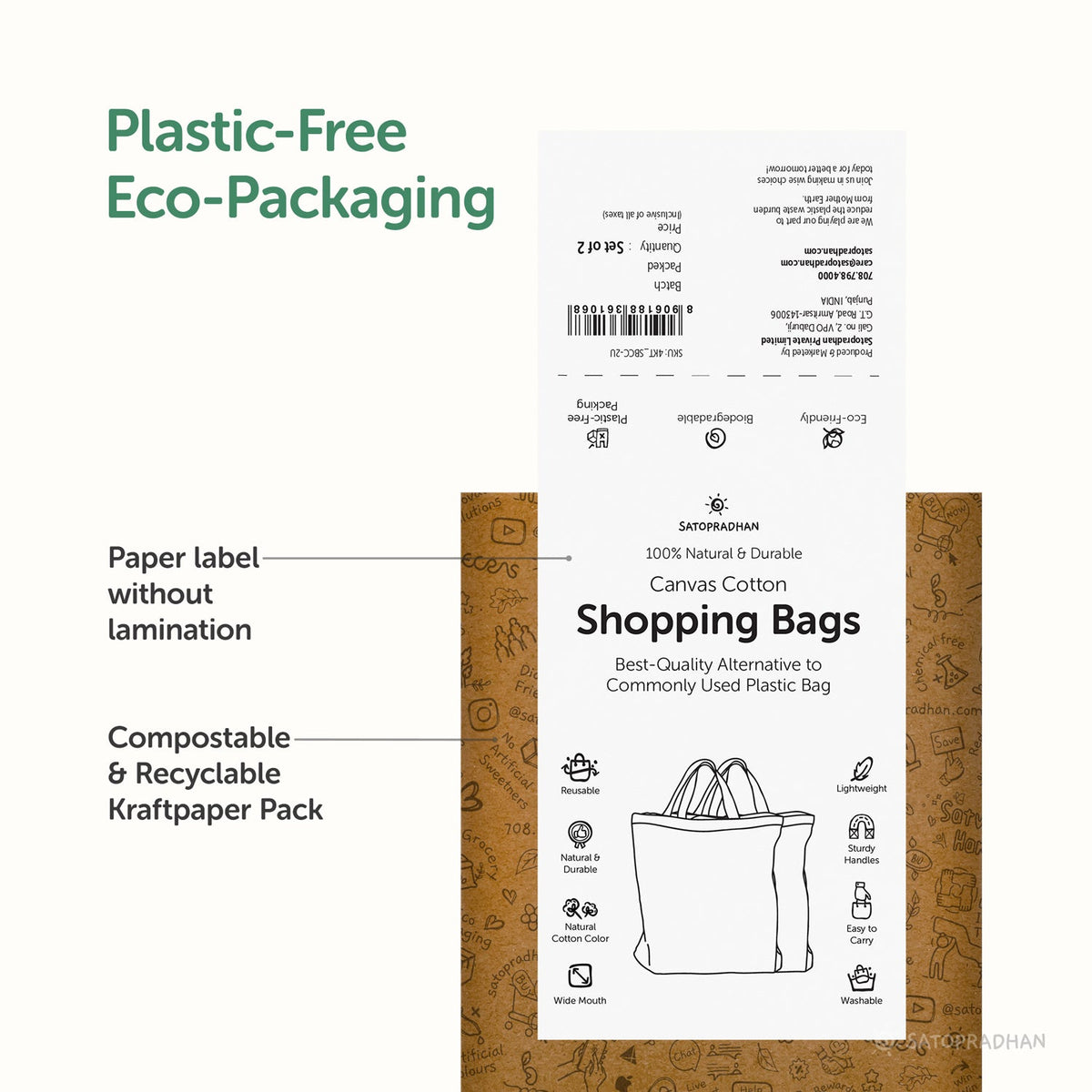 Cotton Shopping Bags (Set of 2) - Best-Quality Alternative to Commonly Used Plastic Bags - Eco-Friendly and User-Friendly - Satopradhan
