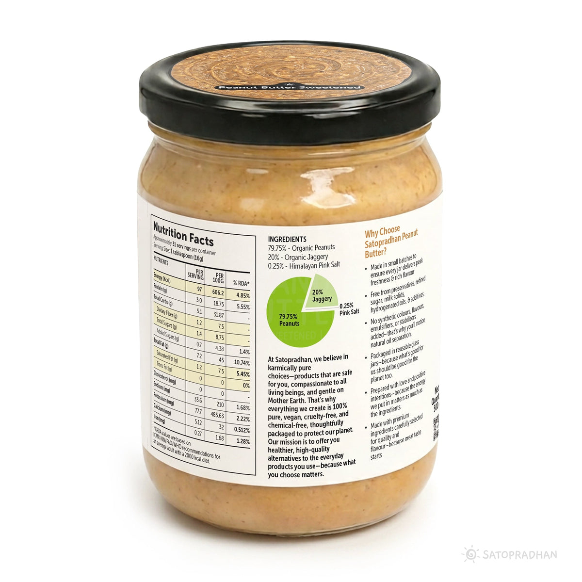 Crunchy Peanut Butter with Jaggery 500g - No Refined Sugar - No Palm Oil - Natural Spread - Satopradhan