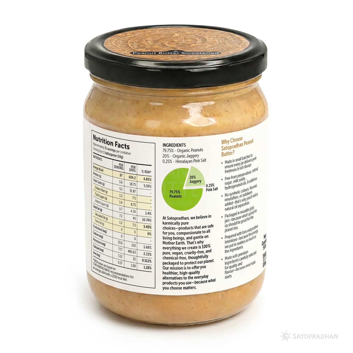 Crunchy Peanut Butter with Jaggery 500g - No Refined Sugar - No Palm Oil - Natural Spread - Satopradhan