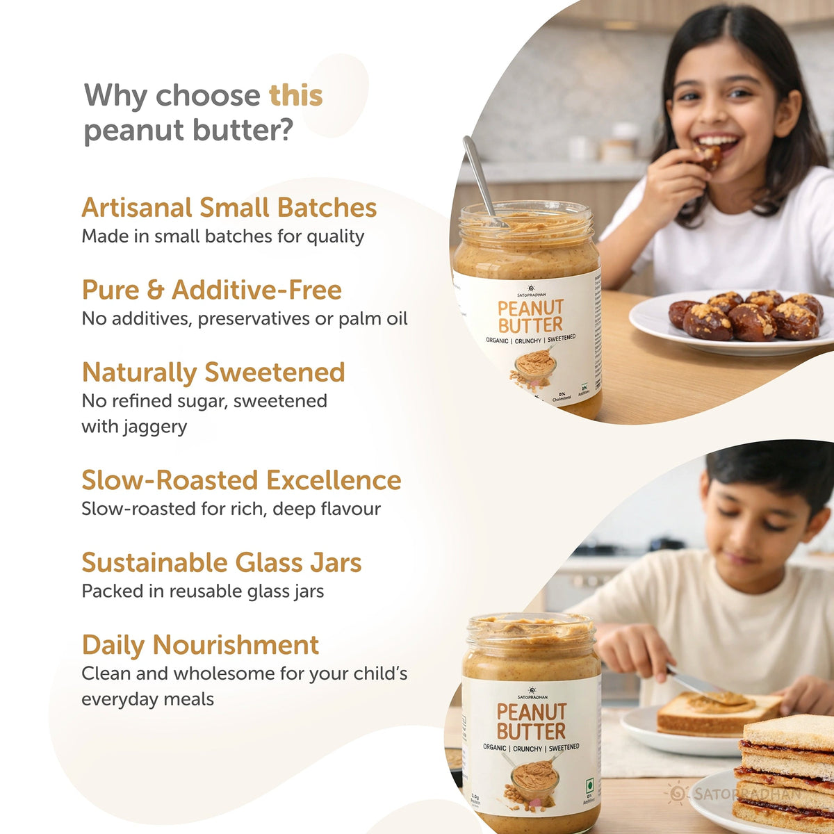 Crunchy Peanut Butter with Jaggery 500g - No Refined Sugar - No Palm Oil - Natural Spread - Satopradhan