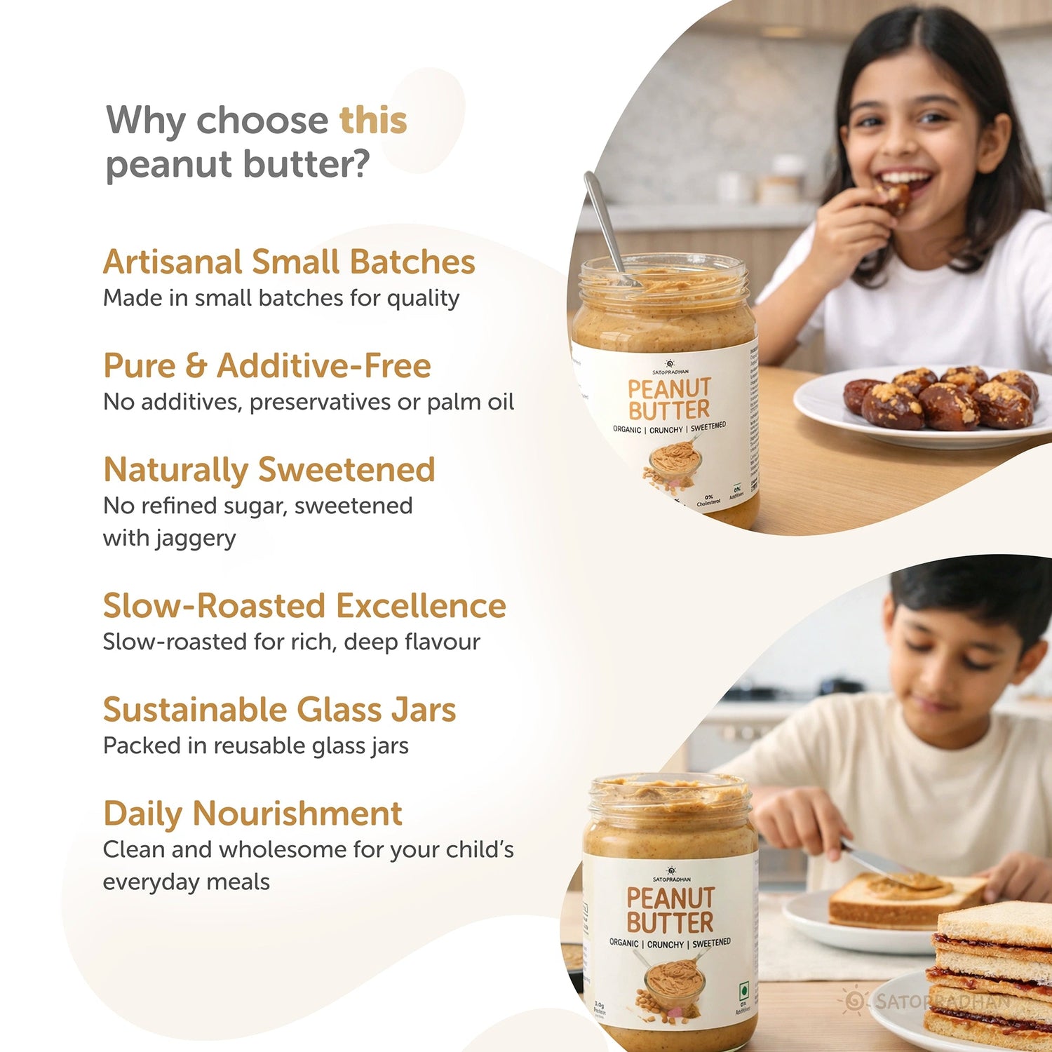 Crunchy Peanut Butter with Jaggery 500g - No Refined Sugar - No Palm Oil - Natural Spread - Satopradhan