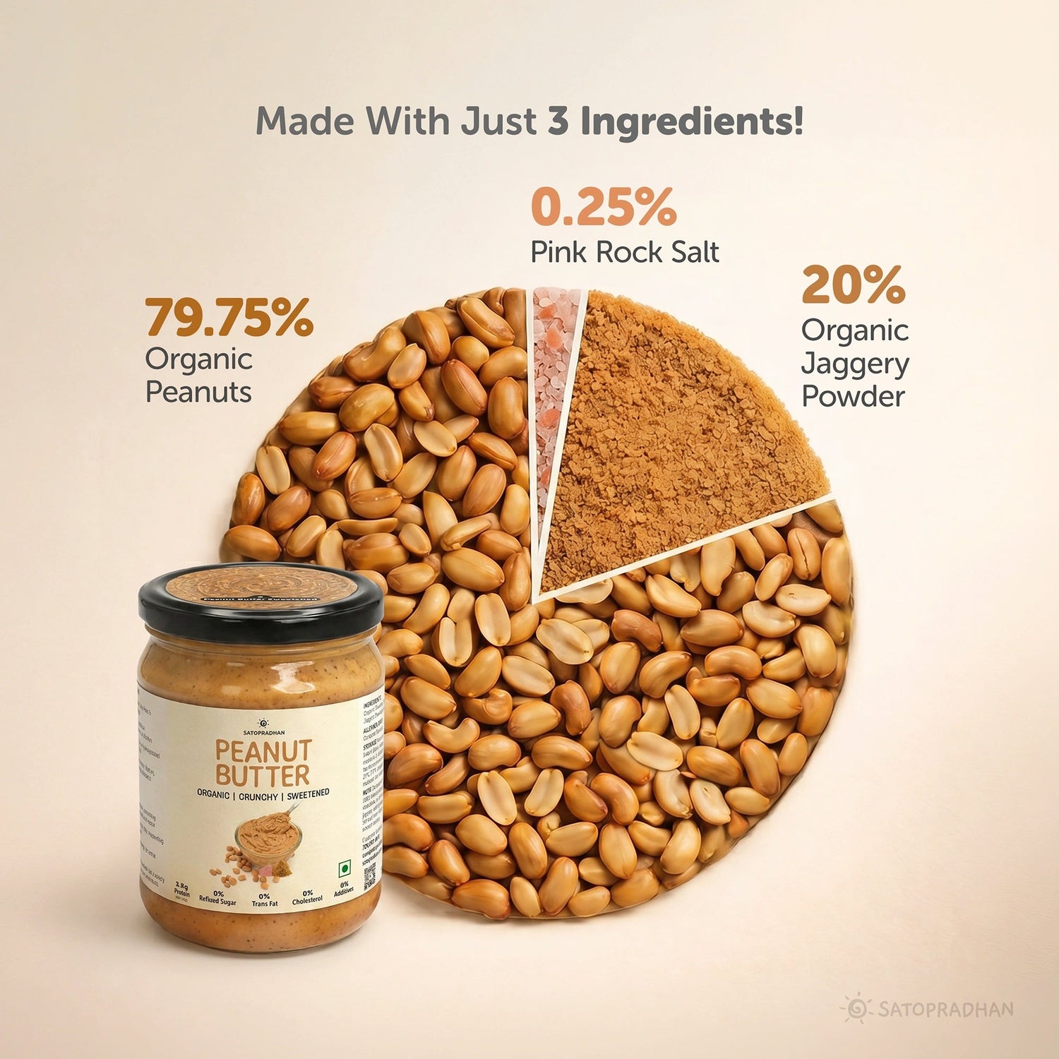 Crunchy Peanut Butter with Jaggery 500g - No Refined Sugar - No Palm Oil - Natural Spread - Satopradhan