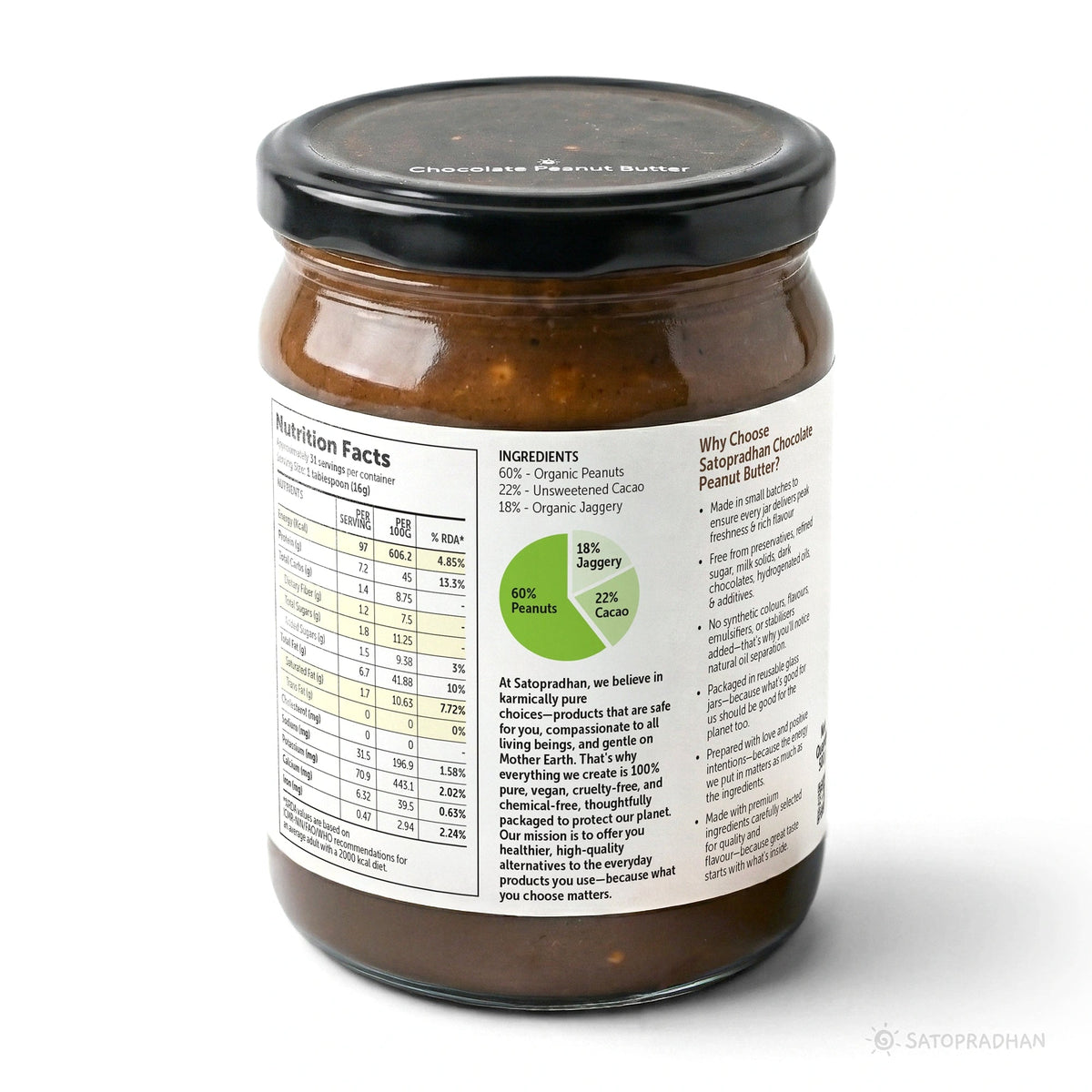 Dark Chocolate Peanut Butter 500g - Crunchy & Sweetened with Jaggery - Healthy Chocolate Spread - Satopradhan