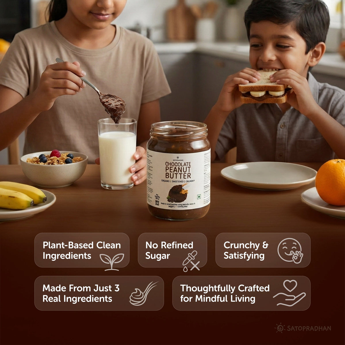 Dark Chocolate Peanut Butter 500g - Crunchy & Sweetened with Jaggery - Healthy Chocolate Spread - Satopradhan