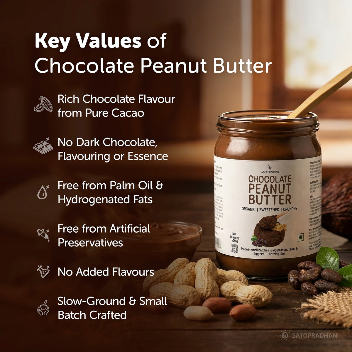Dark Chocolate Peanut Butter 500g - Crunchy & Sweetened with Jaggery - Healthy Chocolate Spread - Satopradhan