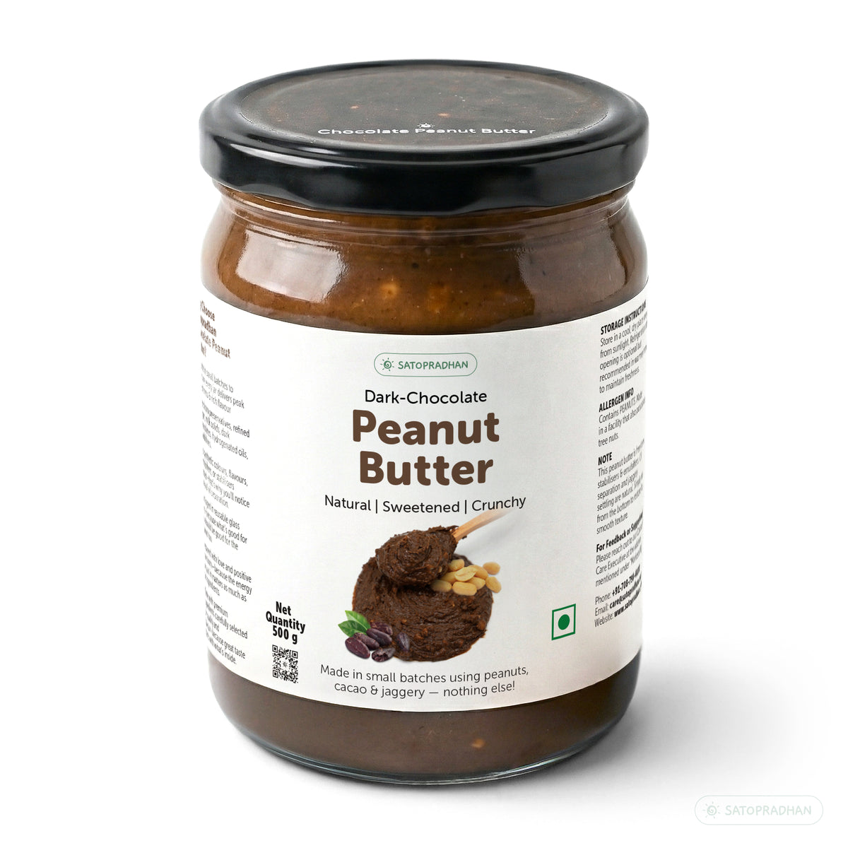 Front view of Satopradhan Dark Chocolate Peanut Butter 500g glass jar