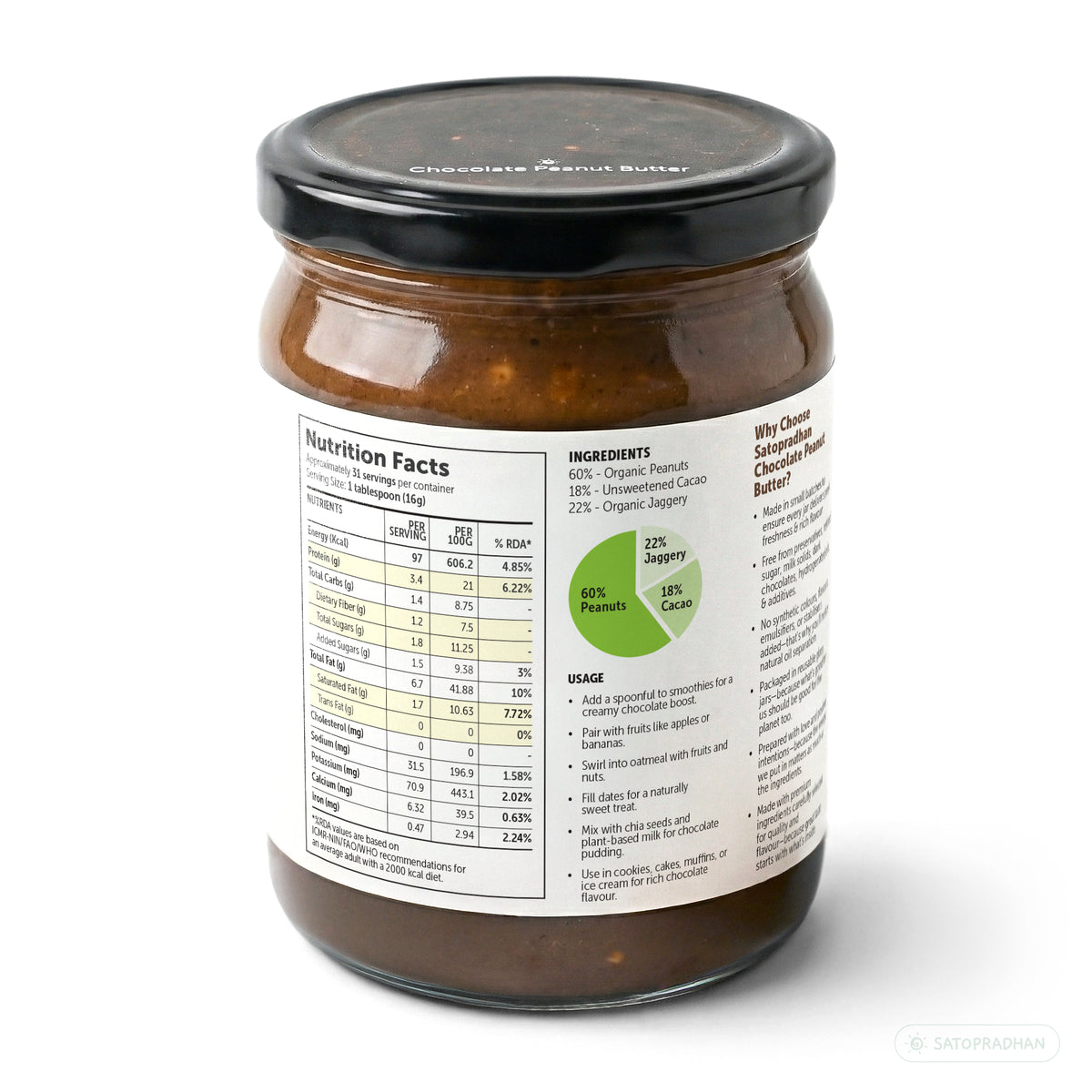 Side view of Satopradhan Dark Chocolate Peanut Butter 500g jar showing nutrition facts, ingredients and usage information