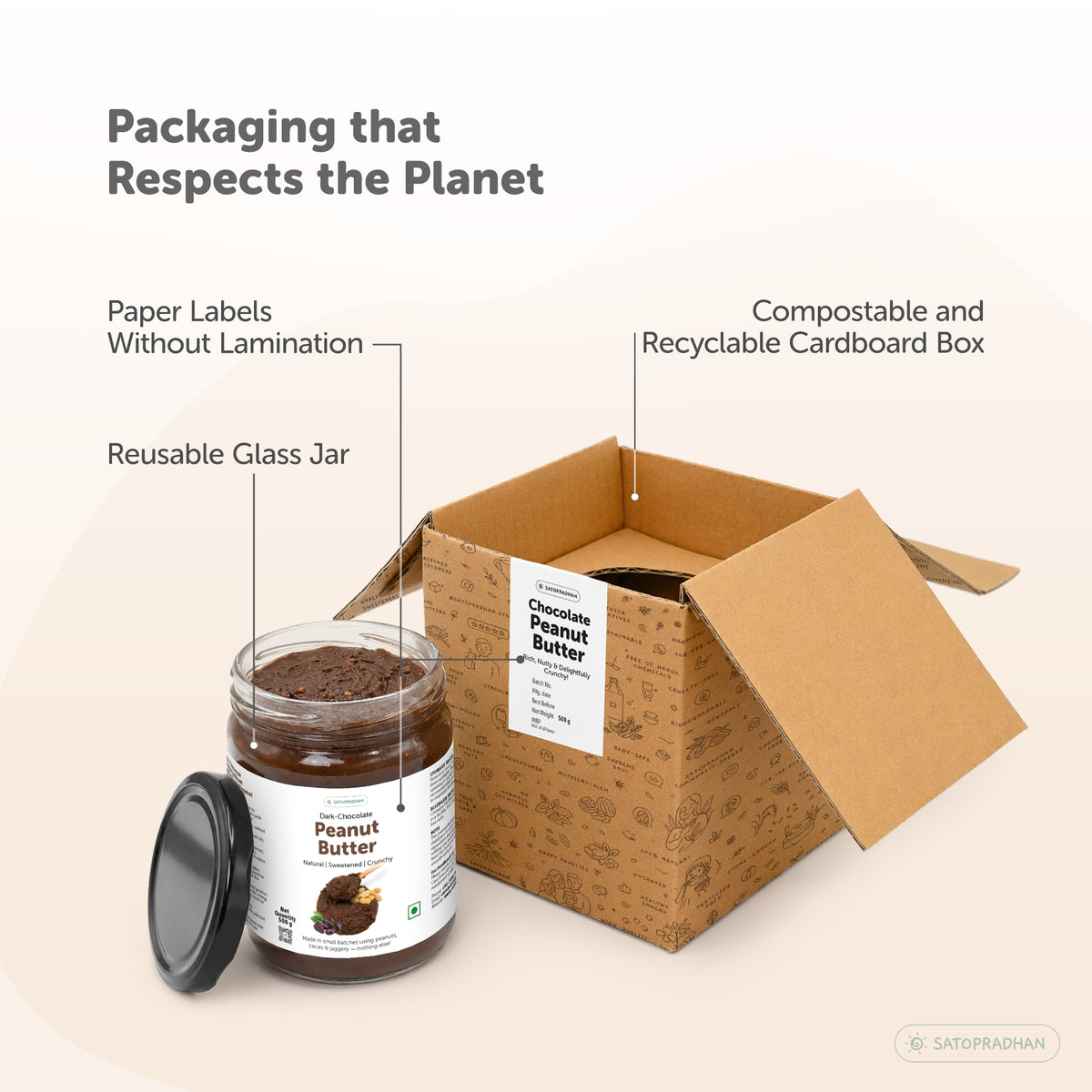 Dark Chocolate Peanut Butter in a reusable glass jar with paper label and recyclable cardboard packaging