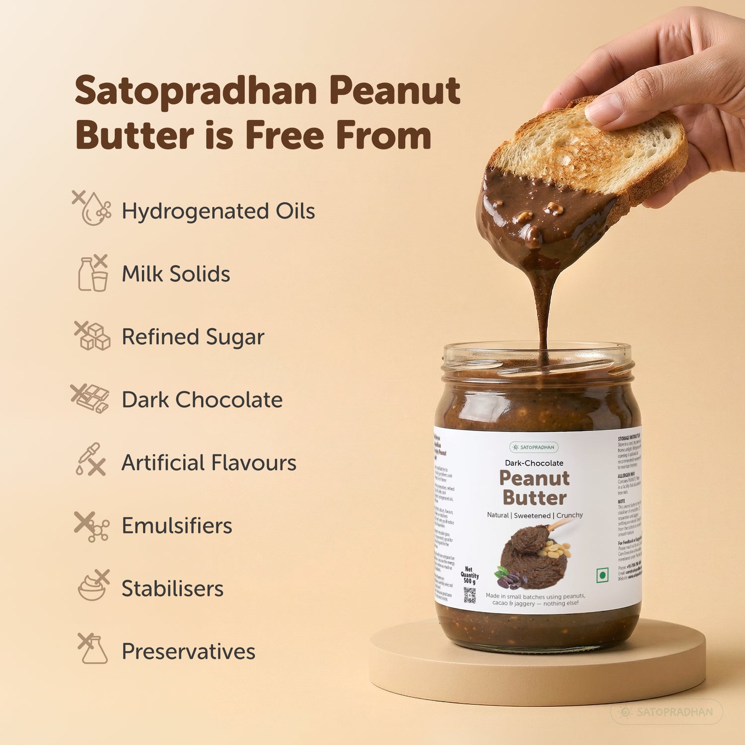 Dark Chocolate Peanut Butter free from hydrogenated oils, milk solids, refined sugar, artificial flavours, emulsifiers and preservatives