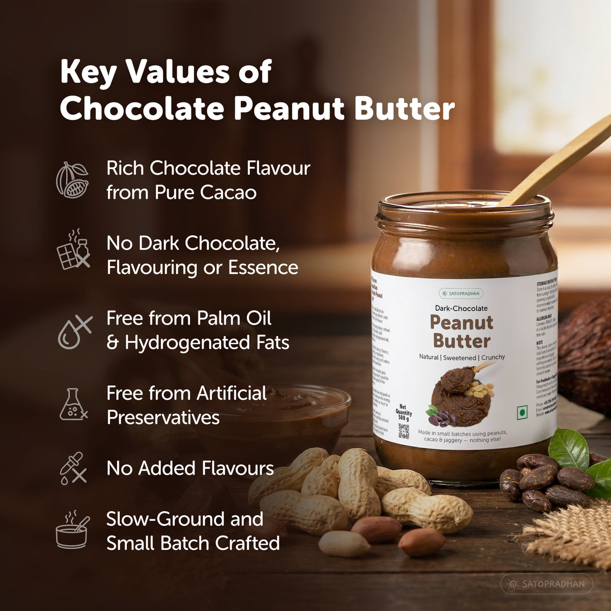 Key values of Dark Chocolate Peanut Butter with pure cacao, no palm oil, no artificial preservatives and no added flavours