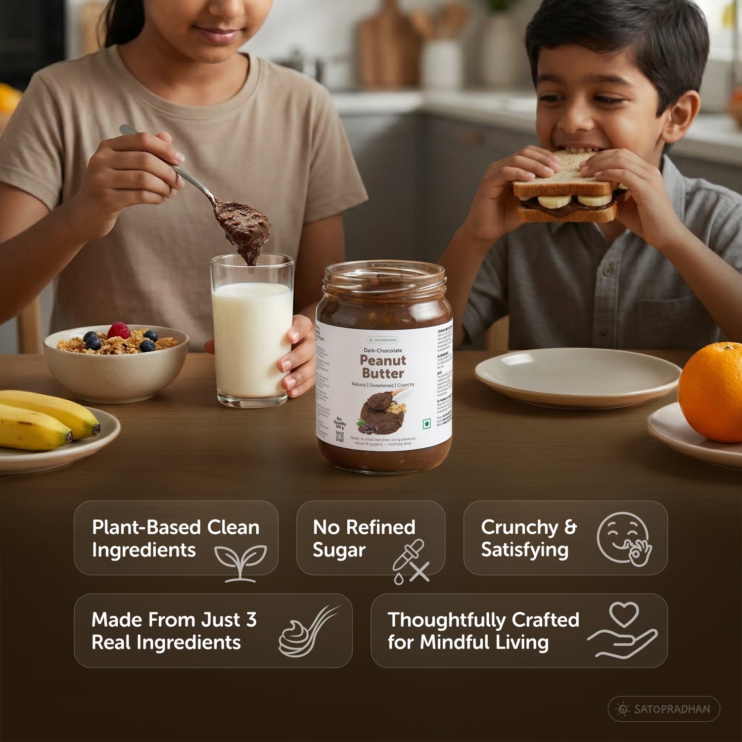 Satopradhan Dark Chocolate Peanut Butter made with plant-based ingredients, jaggery and three real ingredients