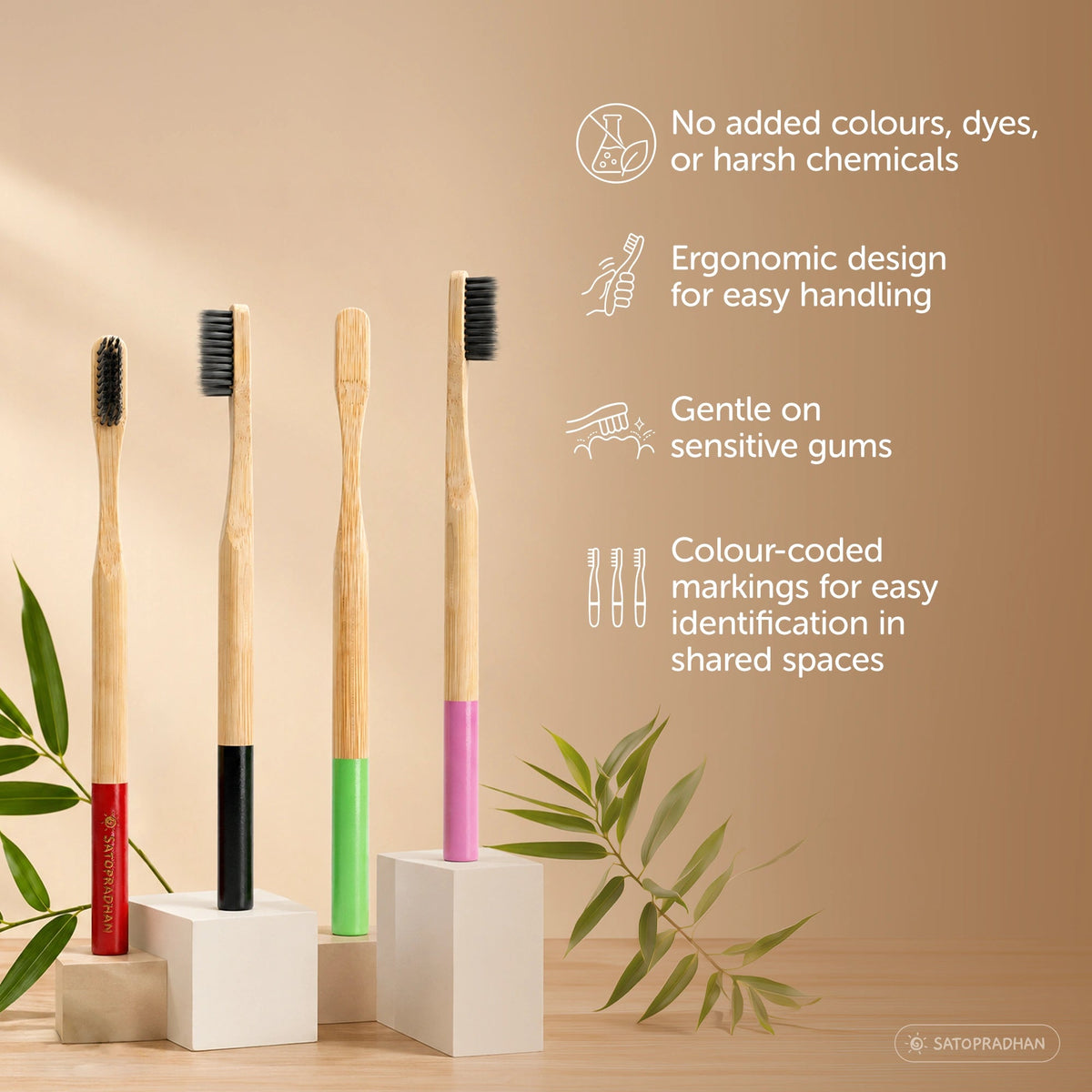Eco-Friendly Bamboo Toothbrushes - Set of 4 - BPA-Free - Soft Bristles - Satopradhan