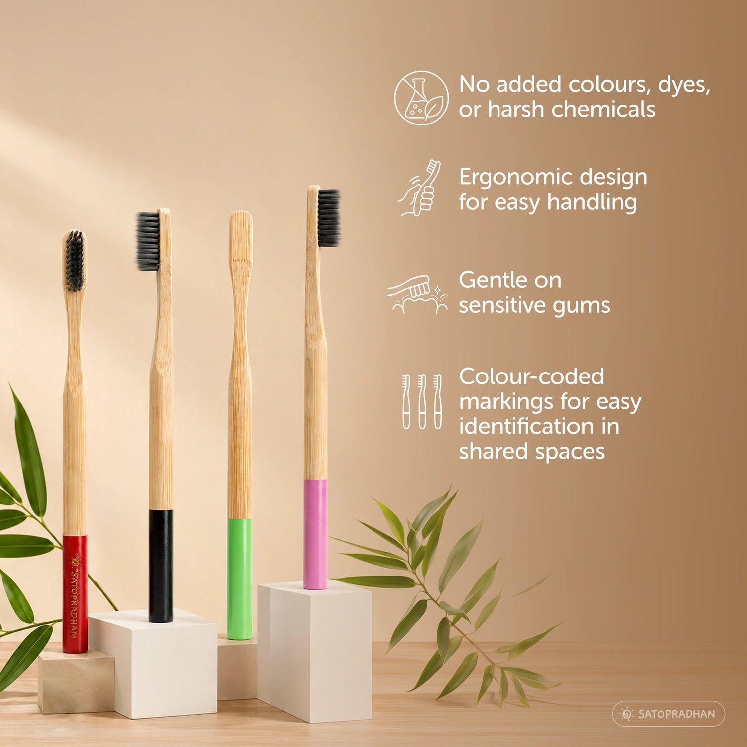 Eco-Friendly Bamboo Toothbrushes - Set of 4 - BPA-Free - Soft Bristles - Satopradhan