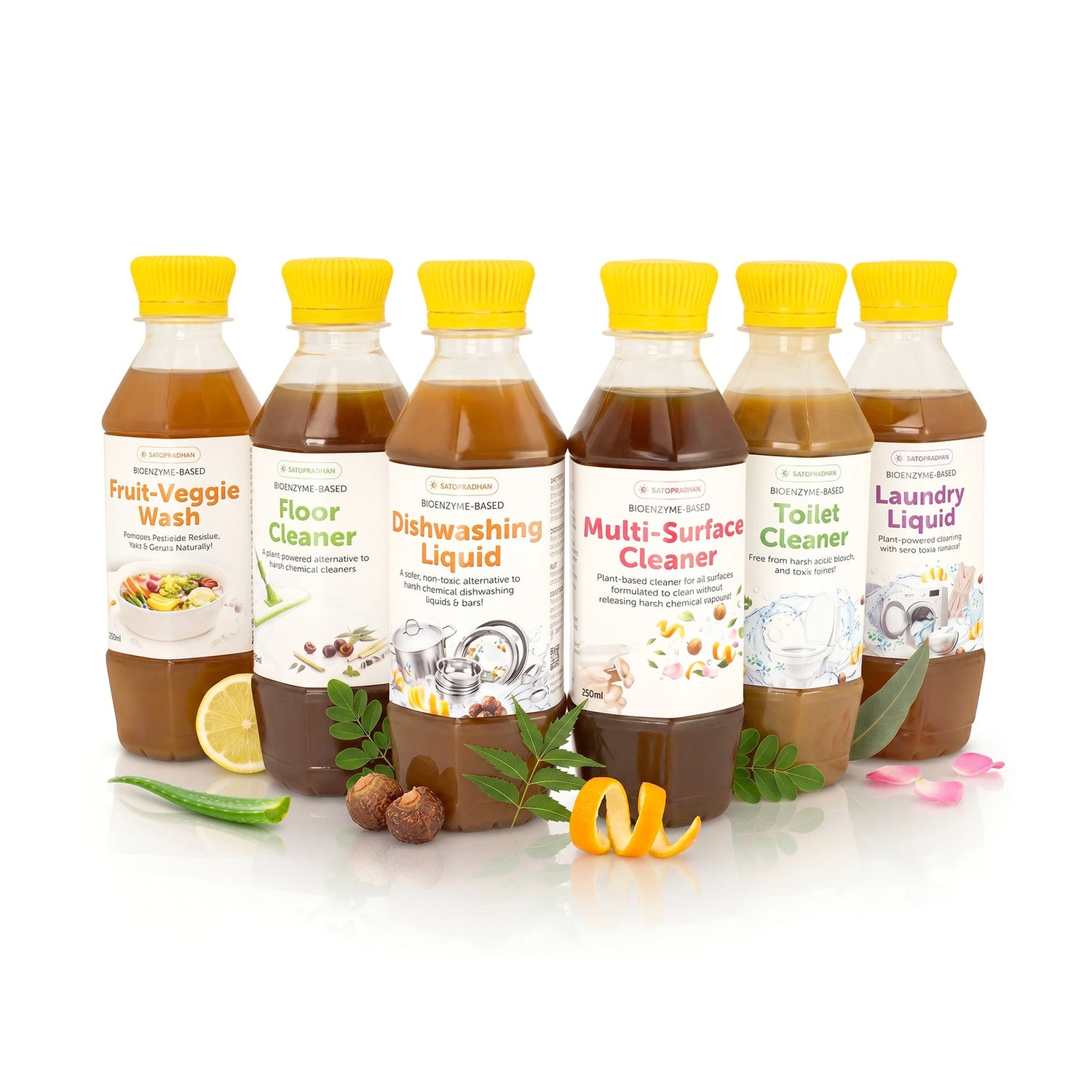 Eco Home Cleaners Trial Pack - 6 Bio Enzyme Based Natural Cleaners Free of Harmful Chemicals in Upcycled Plastic Bottles of 250ml - Satopradhan
