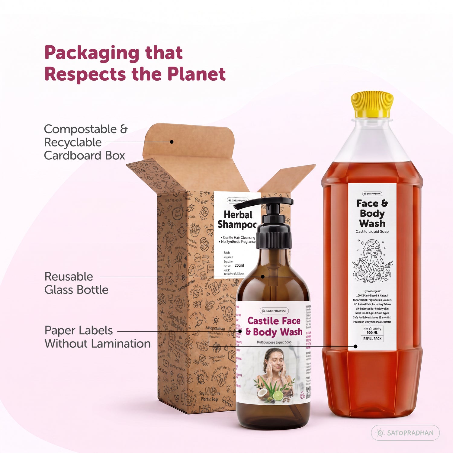 Castile Face & Body Wash – 200ml Glass Bottle / 900ml Refill in Upcycled Plastic Bottle – Natural Liquid Soap – Gentle Multi-Purpose Cleanser for Sensitive, Dry & Acne-Prone Skin - Shampoo for Dry Hair