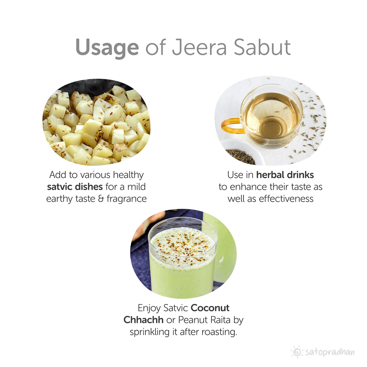 Usage: Add to various healthy
Satvic dishes for a mild, earthy taste 8 fragrance Use in herbal drinks to enhance their taste as well as effectiveness. Enjoy Satvic Coconut Chhachh or Peanut Raita by sprinkling it after roasting.