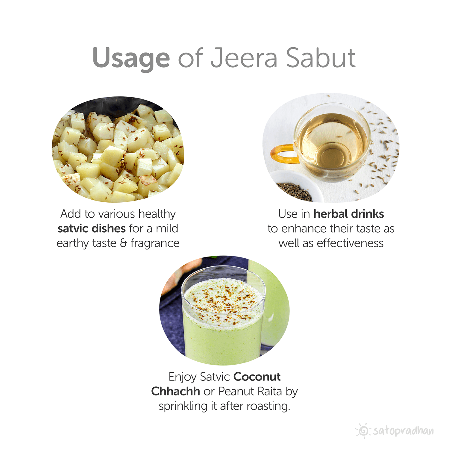 Usage: Add to various healthy
Satvic dishes for a mild, earthy taste 8 fragrance Use in herbal drinks to enhance their taste as well as effectiveness. Enjoy Satvic Coconut Chhachh or Peanut Raita by sprinkling it after roasting.