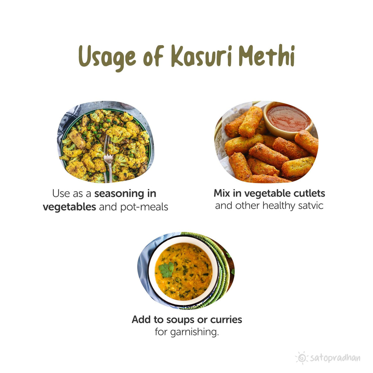 Usage of Kasuri Methi: Perfect for seasoning vegetables, mixing into vegetable cutlets, and adding flavor to soups or curries