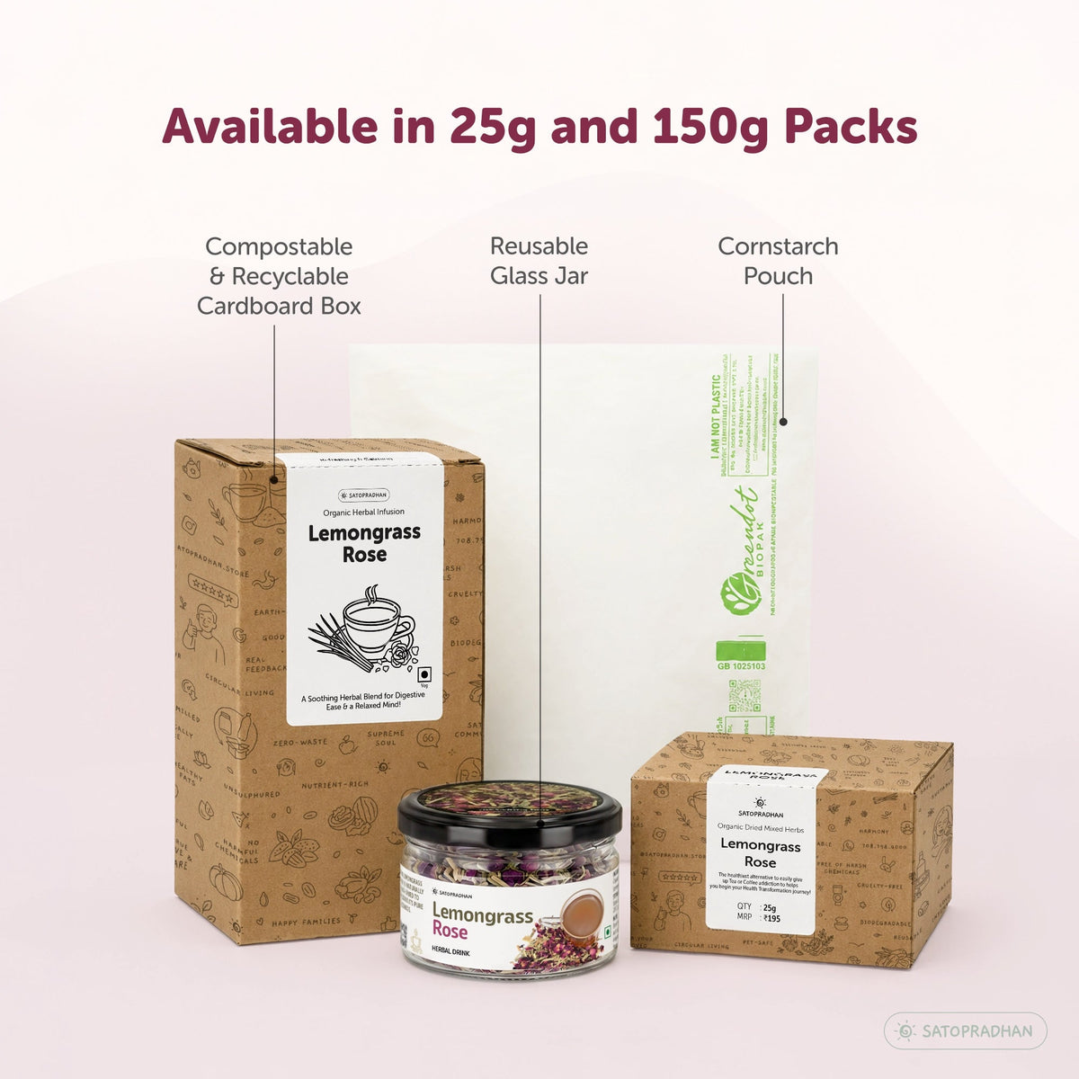 Lemongrass & Rose Herbal Infusion for Digestion, Relaxation & Skin Health - Caffeine-Free Loose Leaf Floral & Citrus Blend – 25g & 150g - Satopradhan