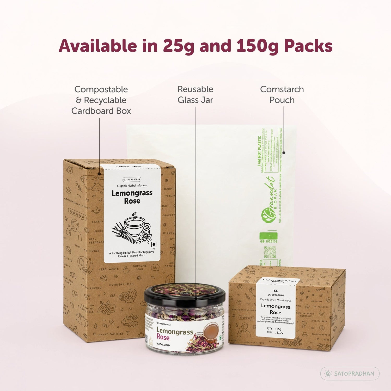 Lemongrass & Rose Herbal Infusion for Digestion, Relaxation & Skin Health - Caffeine-Free Loose Leaf Floral & Citrus Blend – 25g & 150g - Satopradhan