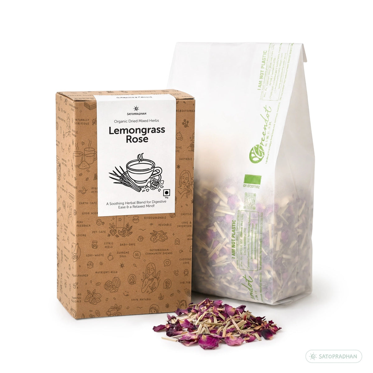 Lemongrass & Rose Herbal Infusion for Digestion, Relaxation & Skin Health - Caffeine-Free Loose Leaf Floral & Citrus Blend – 25g & 150g - Satopradhan