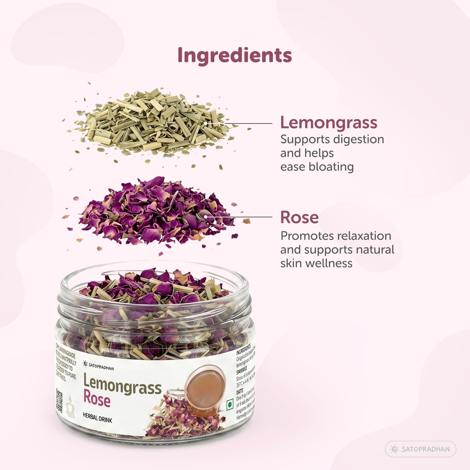 Lemongrass & Rose Herbal Infusion for Digestion, Relaxation & Skin Health - Caffeine-Free Loose Leaf Floral & Citrus Blend – 25g & 150g - Satopradhan