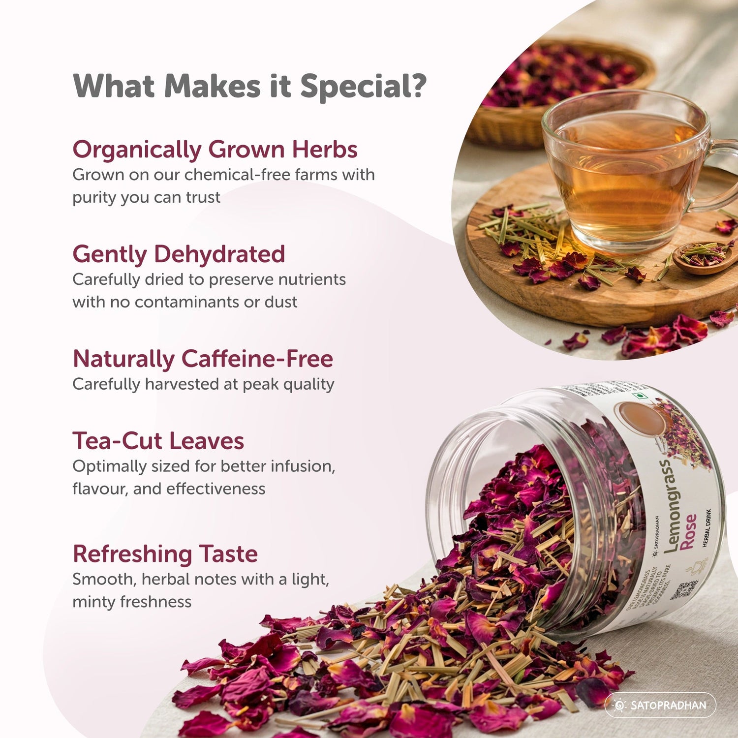 Lemongrass & Rose Herbal Infusion for Digestion, Relaxation & Skin Health - Caffeine-Free Loose Leaf Floral & Citrus Blend – 25g & 150g - Satopradhan