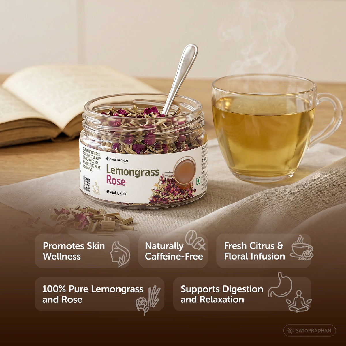 Lemongrass & Rose Herbal Infusion for Digestion, Relaxation & Skin Health - Caffeine-Free Loose Leaf Floral & Citrus Blend – 25g & 150g - Satopradhan