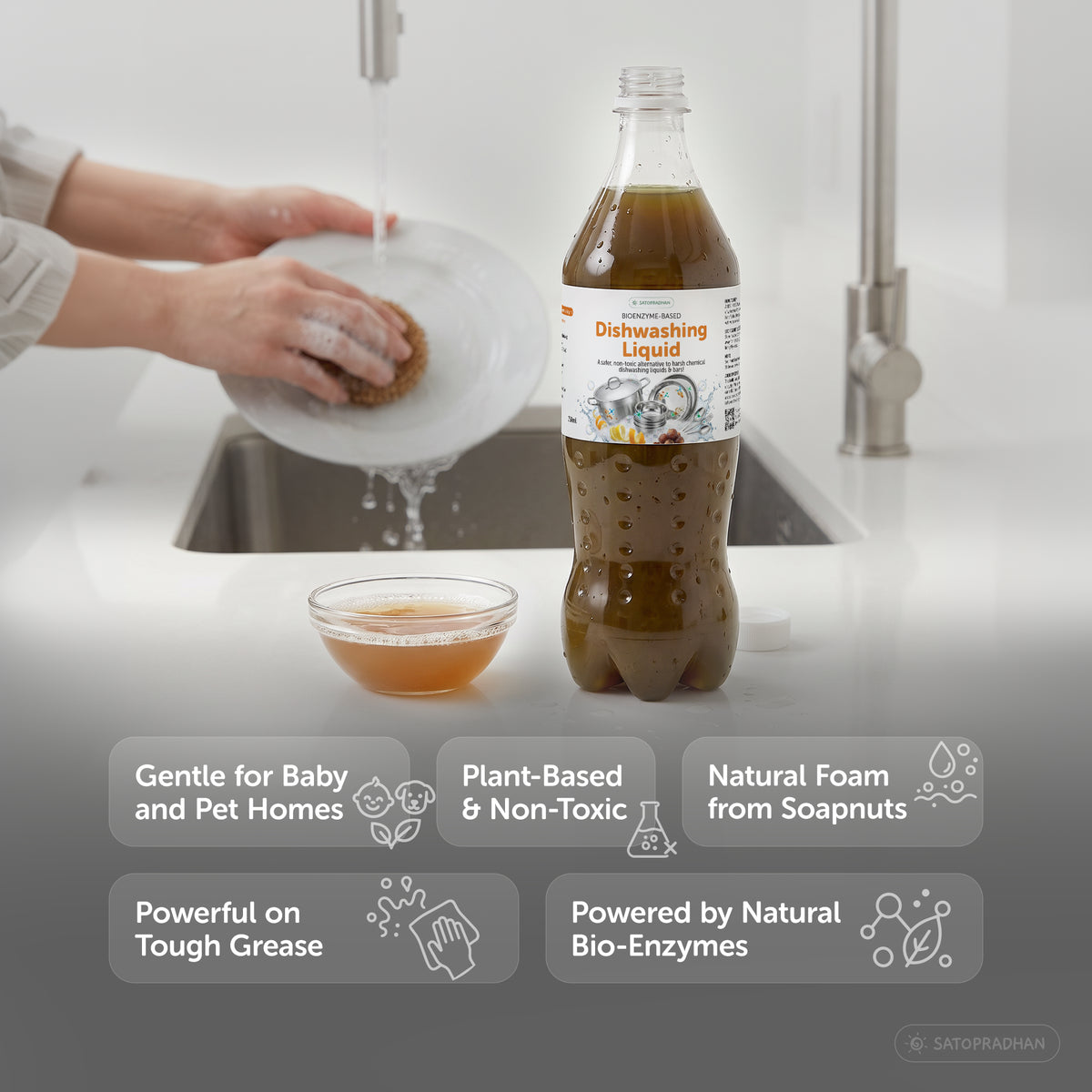 Bio-Enzyme dishwasher liquid is safe for baby and pets. It is a plant-based non-toxic formula. The foam is formulated from the natural soap nuts. It is powerful on tough grease. It is powdered by natural bio-enzymes.