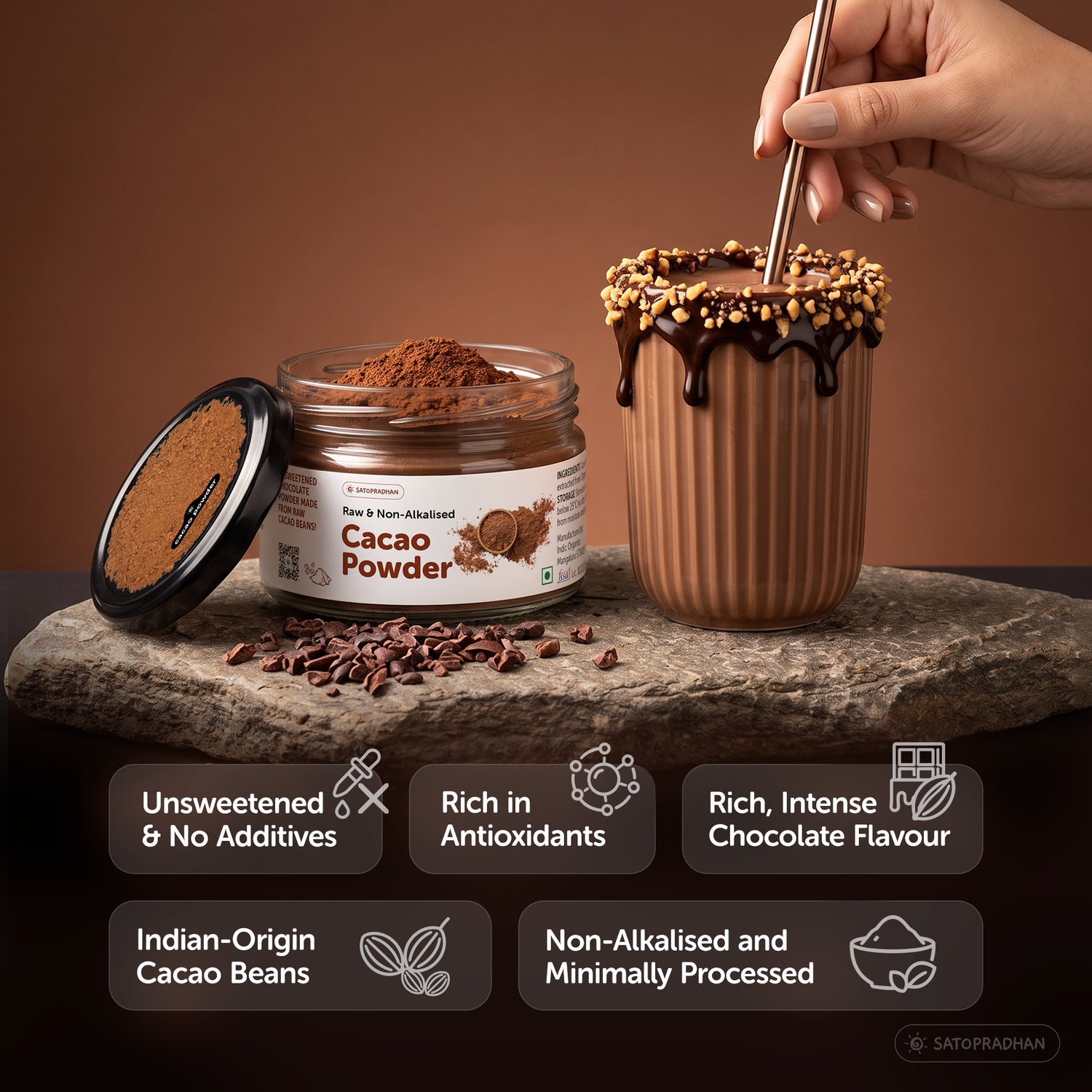 Satopradhan non-alkalised cacao powder is rich in antioxidants. It is unsweetened and is completely free from additives. It has a rich, intense chocolate flavour. Carefully curated from Indian-origin cacao beans. 