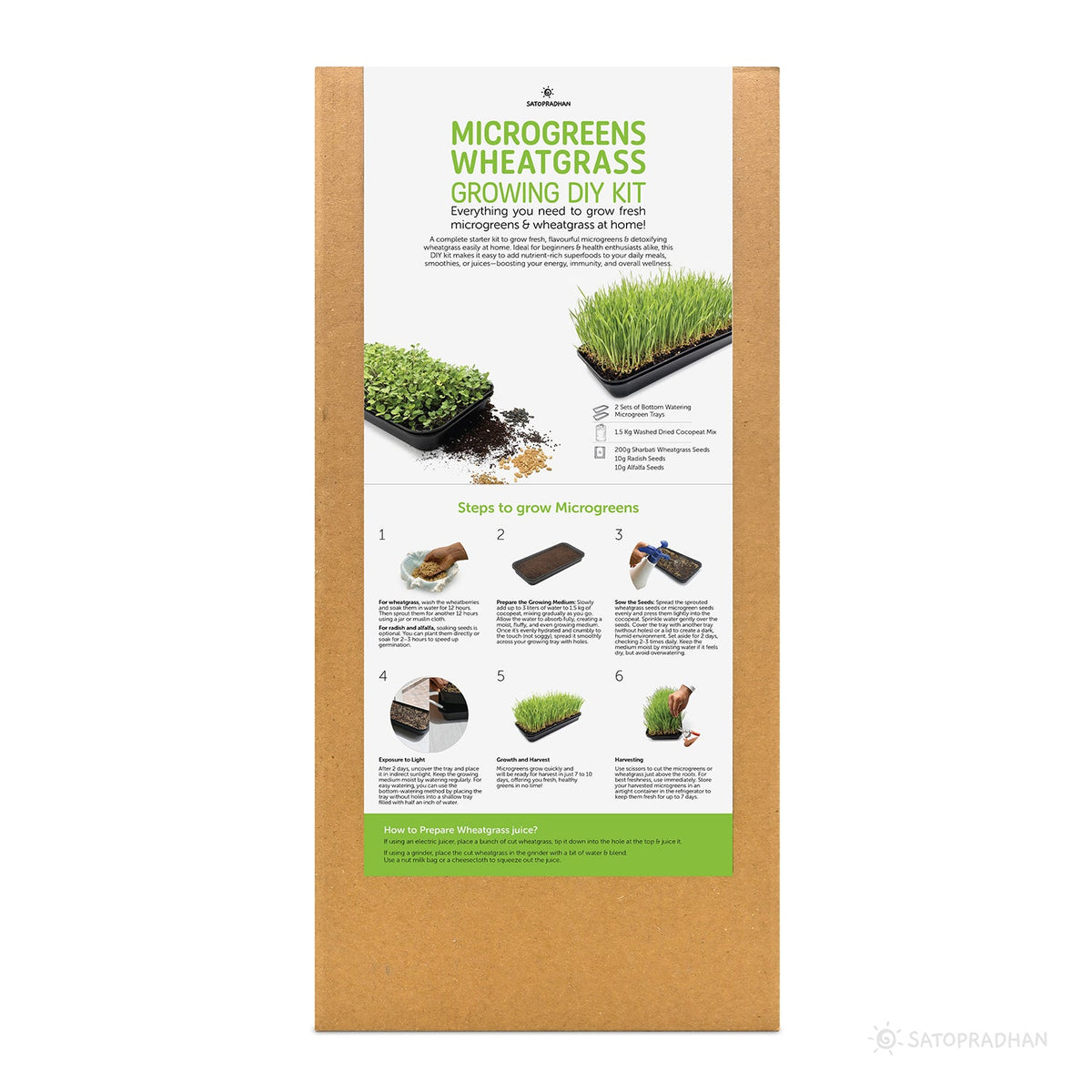 Microgreen & Wheatgrass Growing Kit - Easy to Use DIY Kitchen Gardening Set - 4 Reusable Trays, Soilless Cocopeat Mix with Fenugreek, Alfalfa & Wheatgrass Seeds - Satopradhan