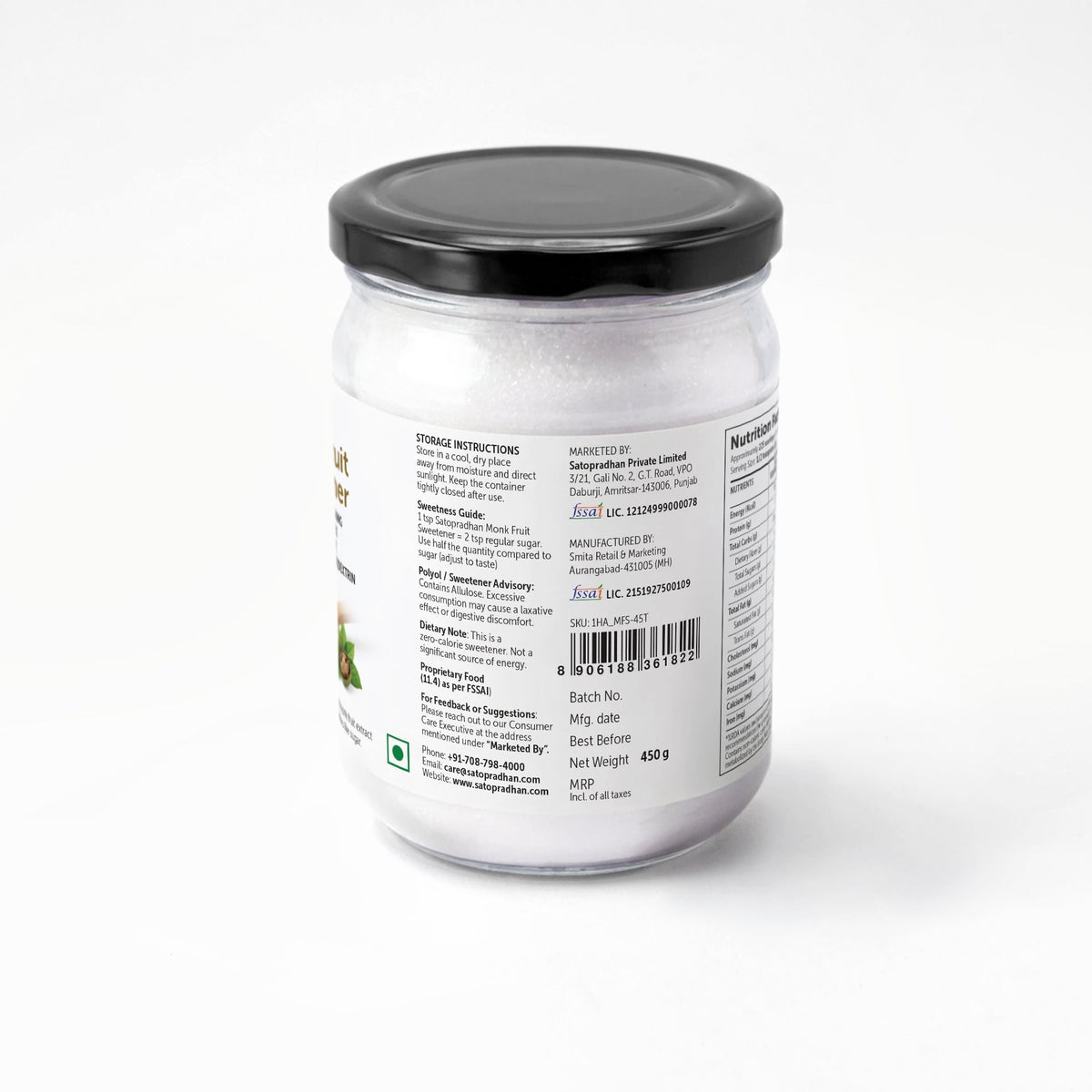 Monk Fruit Sweetener Powder with Allulose 450g - Plant-Based Sugar Substitute - Keto & Diabetic-Friendly - 1:2 Sugar Replacer - Satopradhan