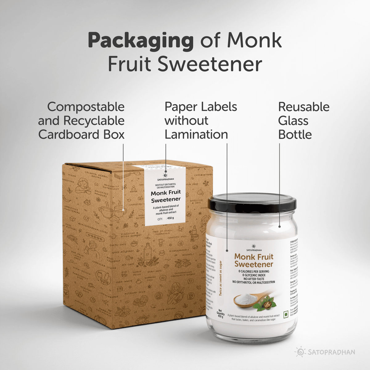 Monk Fruit Sweetener Powder with Allulose 450g - Plant-Based Sugar Substitute - Keto & Diabetic-Friendly - 1:2 Sugar Replacer - Satopradhan