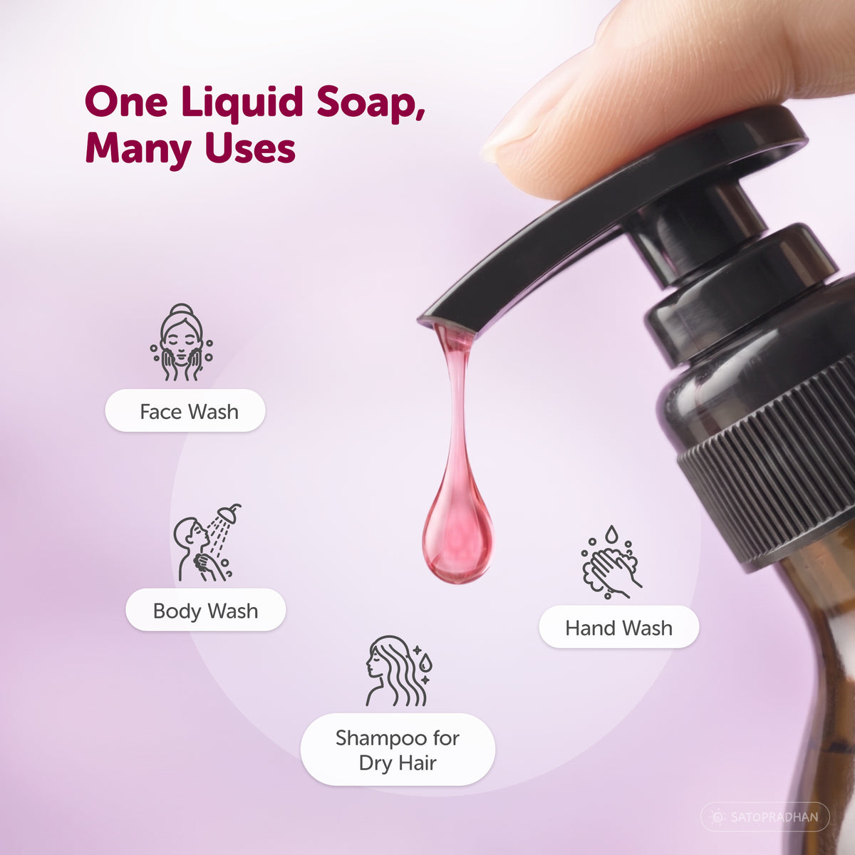 Satopradhan multipurpose Castile Liquid Soap for face wash, body wash, hand wash and gentle shampooing for dry hair.