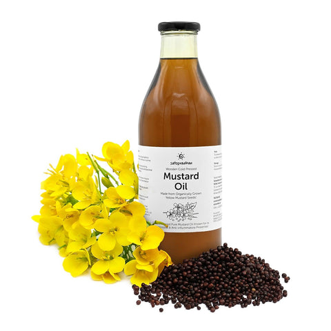 Mustard Oil - Wooden Cold-pressed & Double-filtered 1000ml Oil in reusable glass bottle (Kachi Ghani)