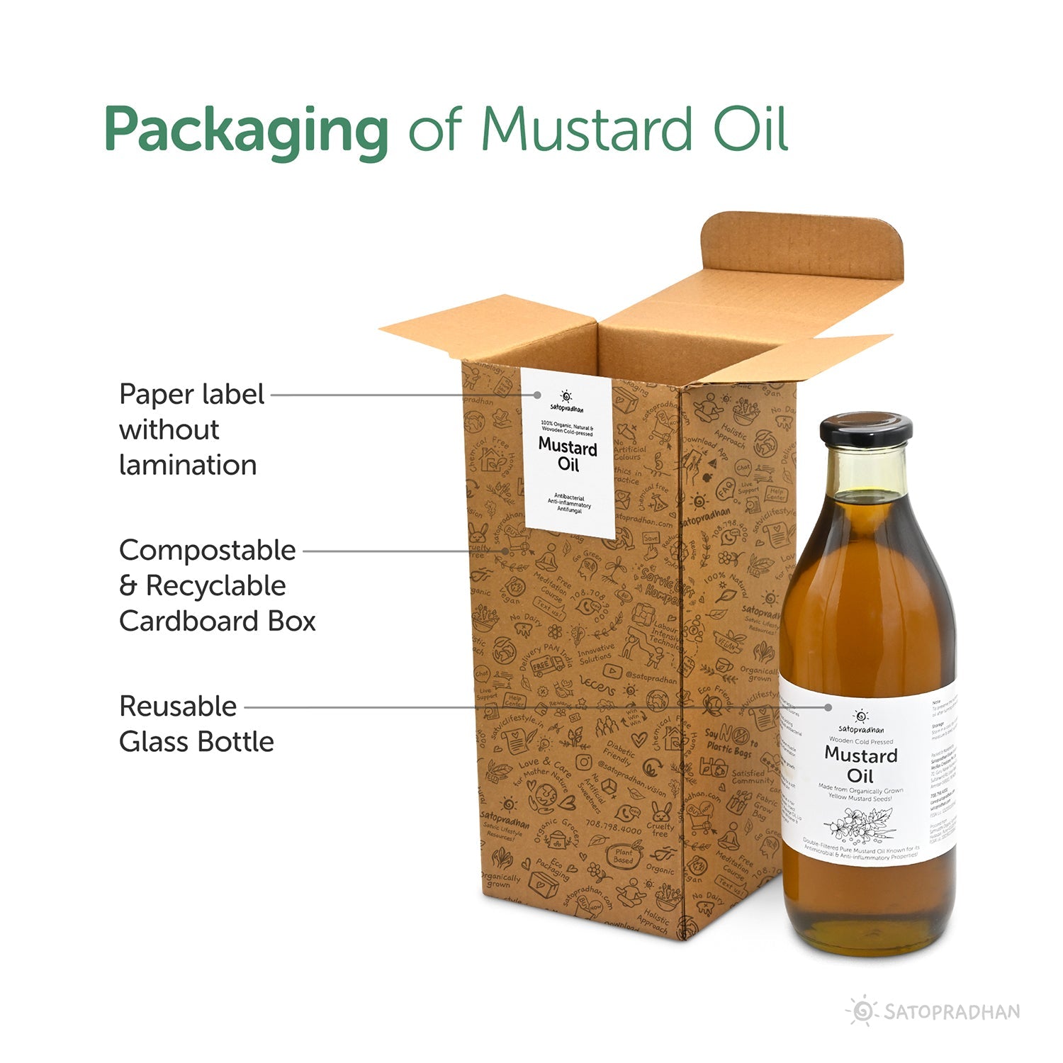 Mustard Oil - Wooden Cold-pressed & Double-filtered 1000ml Oil in reusable glass bottle (Kachi Ghani) - Satopradhan