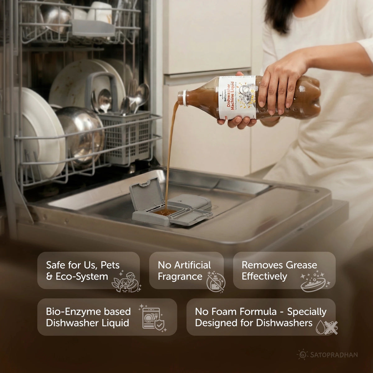 Natural Dishwasher Machine Detergent 750ml – Non Toxic, Phosphate Free & Eco-Friendly Automatic Dishwasher Liquid – Plant Based, Biodegradable & No-Foam Formula - Satopradhan