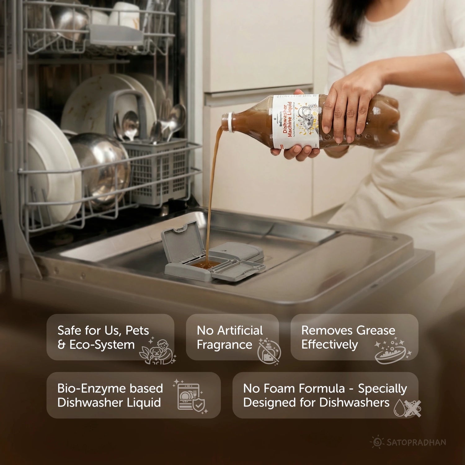 Natural Dishwasher Machine Detergent 750ml – Non Toxic, Phosphate Free & Eco-Friendly Automatic Dishwasher Liquid – Plant Based, Biodegradable & No-Foam Formula - Satopradhan