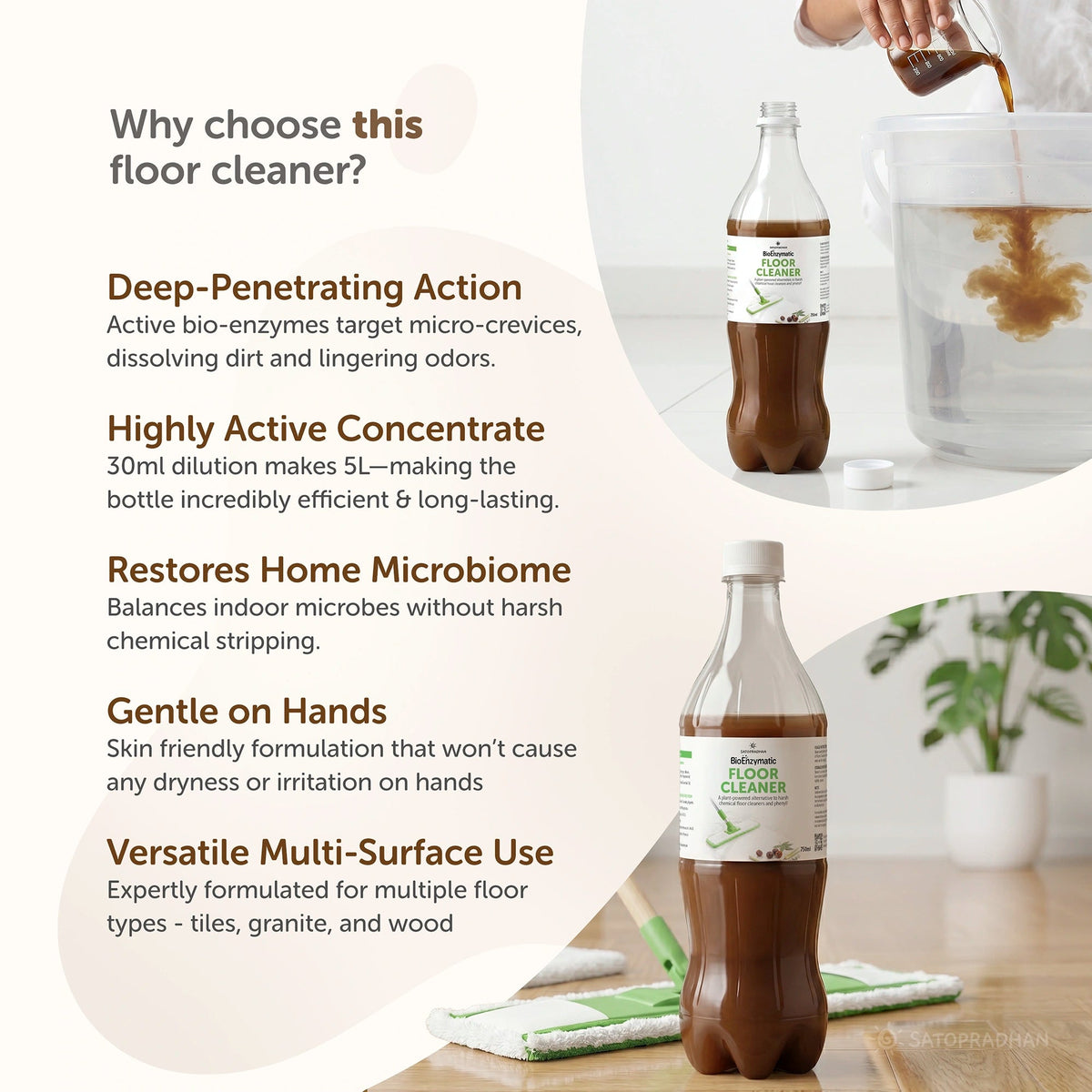 Natural Floor Cleaner Liquid 750ml/1.9L - Bio-Enzyme Based, Non-Toxic & Eco-Friendly - Safe for Kids & Pets - Floor Cleaner Concentrate - Satopradhan