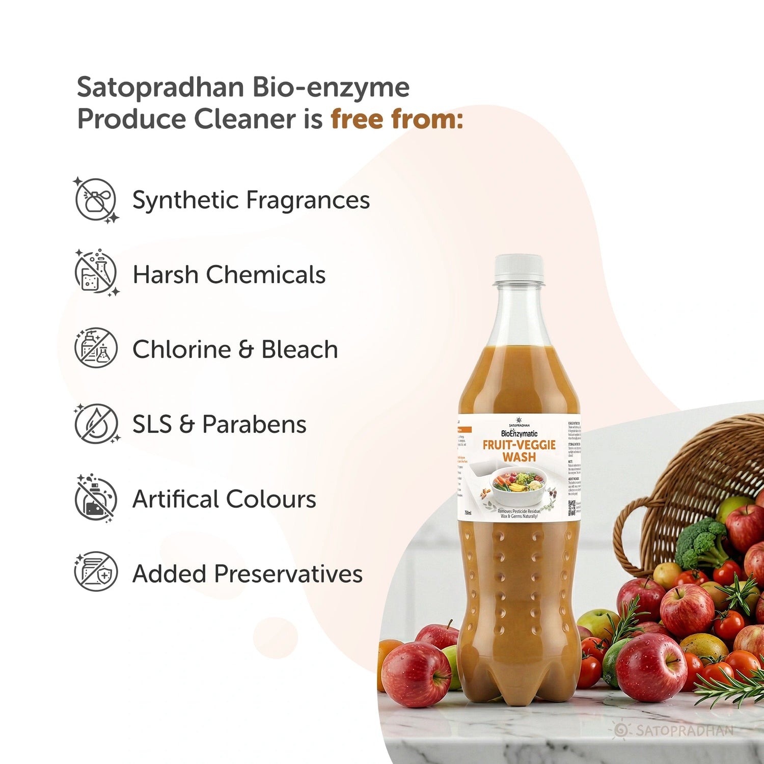 Natural Fruit & Vegetable Wash 750ml/1.9L - Bioenzyme-Based Produce Cleaner - Chemical-Free Vegetable Wash Liquid Cleaner - Satopradhan